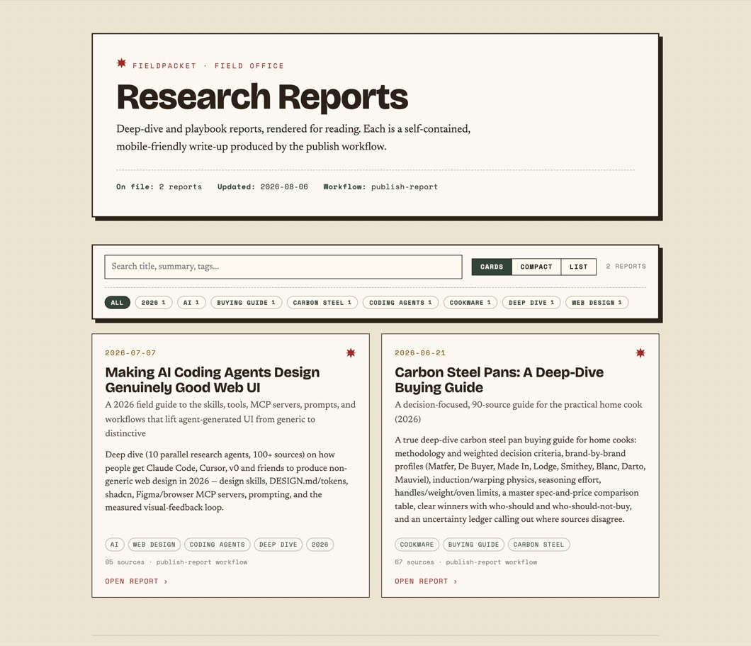 The library index: a masthead above a search box, tag chips with counts, and report cards.