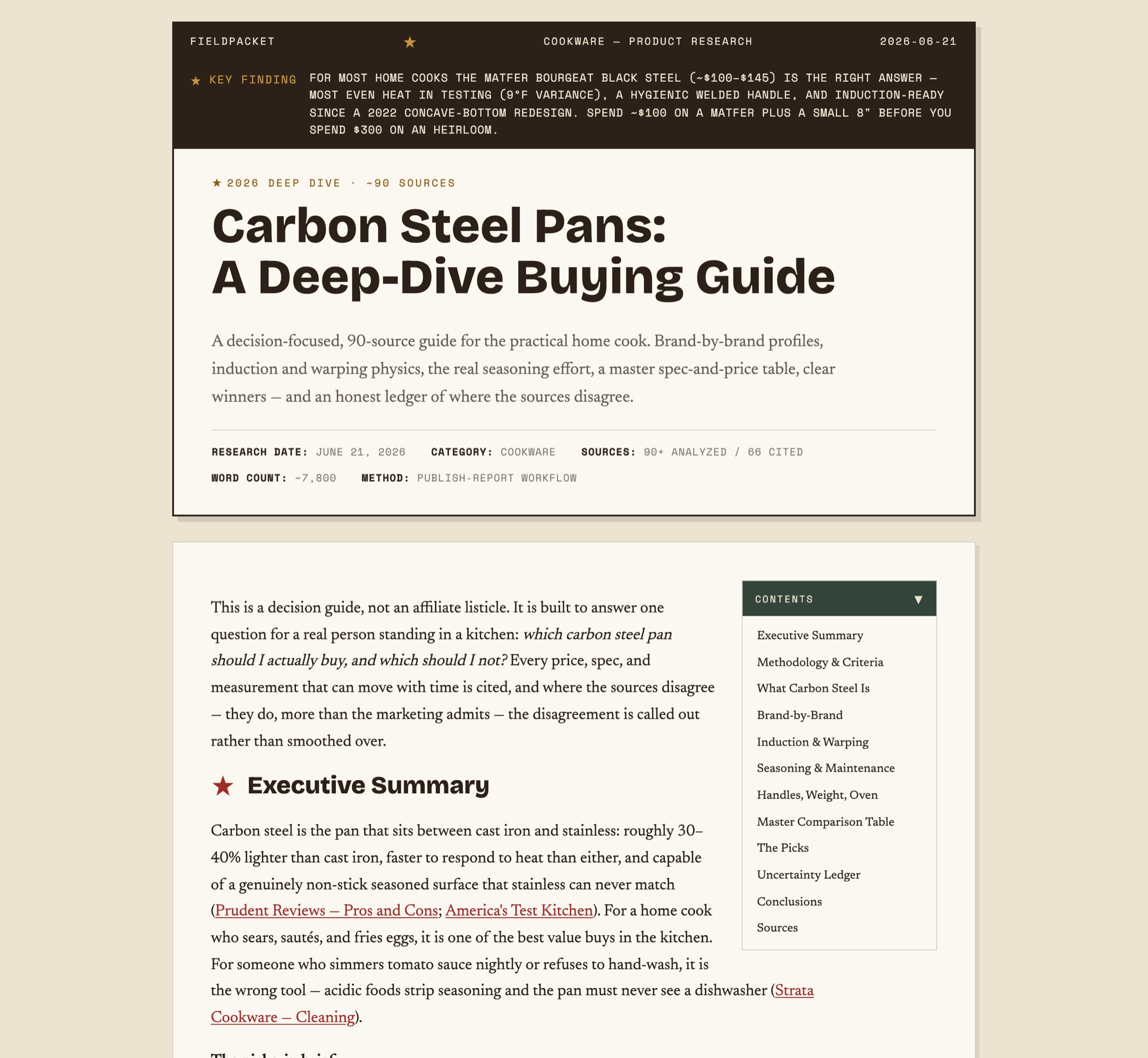 A published field packet: a dark stamped header states the key finding, above a large title, thesis, and a metadata row.